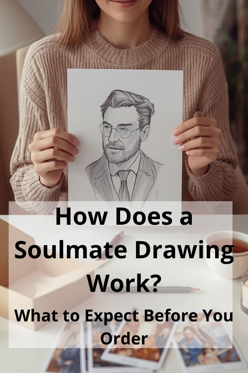 cover image of how a soulmate drawing works with a woman holding up a pencil drawing of a man,