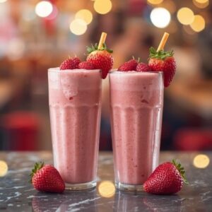 image of two strawberry smoothies,