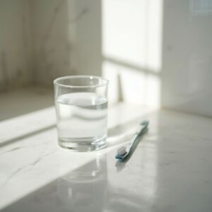 a toothbrush and a glass of water on a bathroom bench,