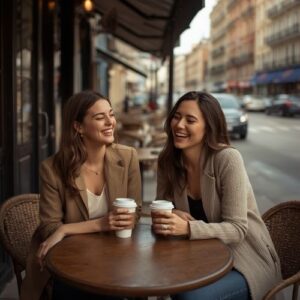 Why Do I Pee My Pants When I Laugh? 10 image of two friends drinking coffee in the street,