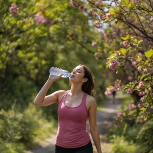a photo of a woman drinking water outdoors,