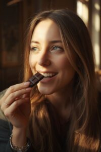 image of a woman enjoying dark chocolate,