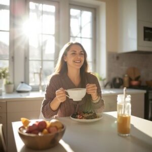image of a woman enjoying her healthy breakfast in a light kitchen,