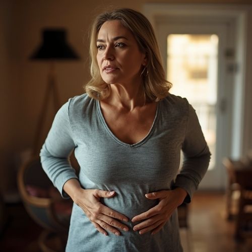 image of a woman holding her lower abdomen,