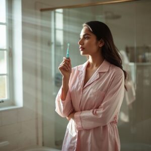 a woman looking at her toothbrush,