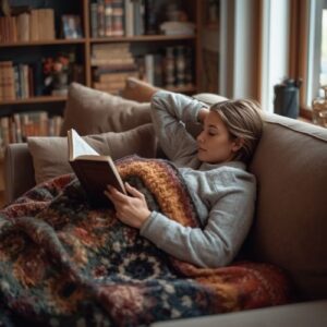 woman lying on the couch and reading a book,