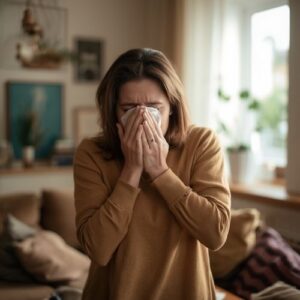 Can Menopause Cause Bladder Leaks? Here's Why It Happens and What You Can Do 6 Woman sneezing and experiencing a possible bladder leak