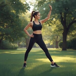 image of a woman stretching in a park,