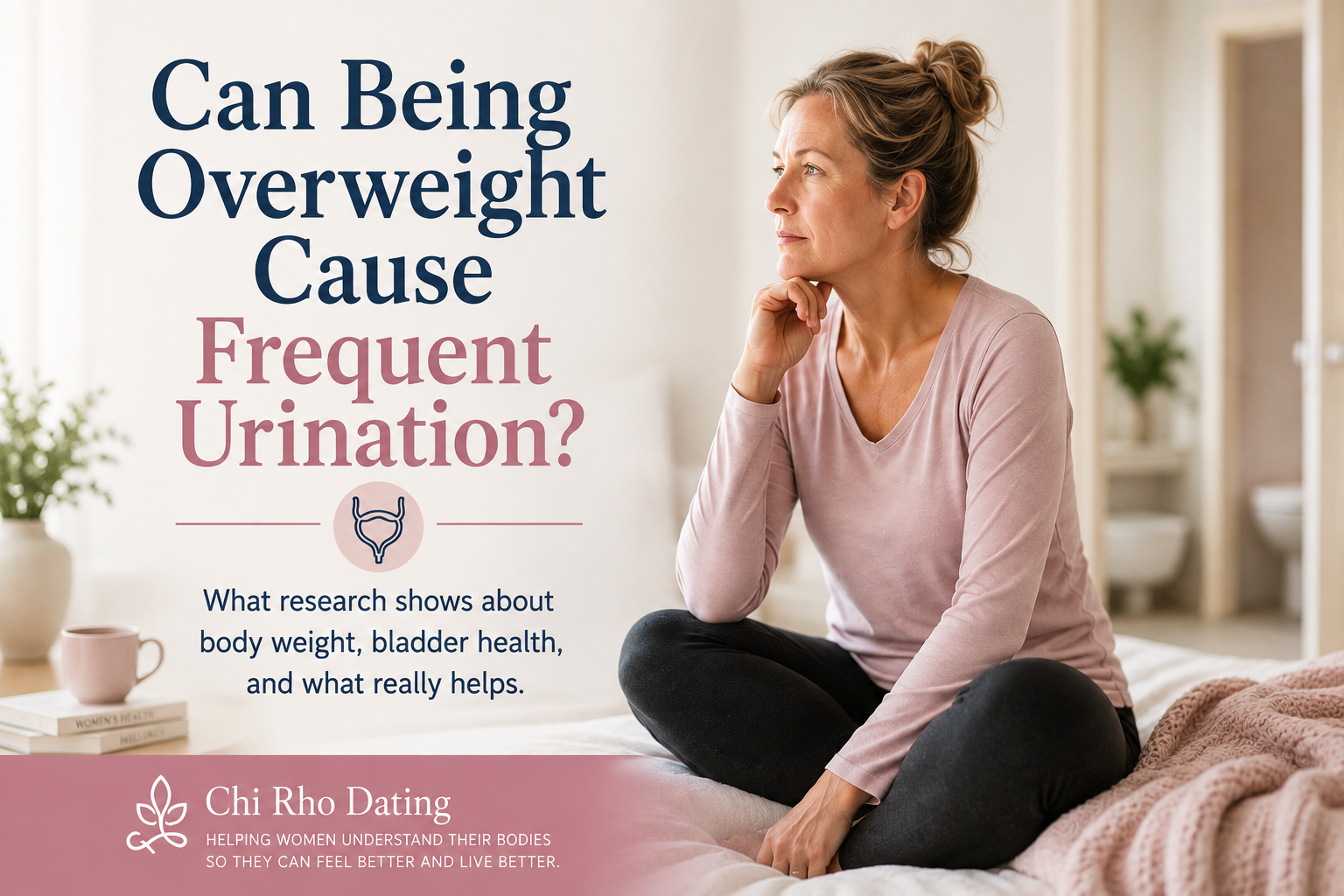 woman thinking about whether her weight affects the number of bathroom trips or not,
