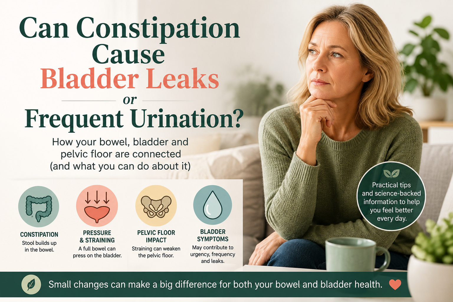 woman thinking about whether constipation causes frequent urination,
