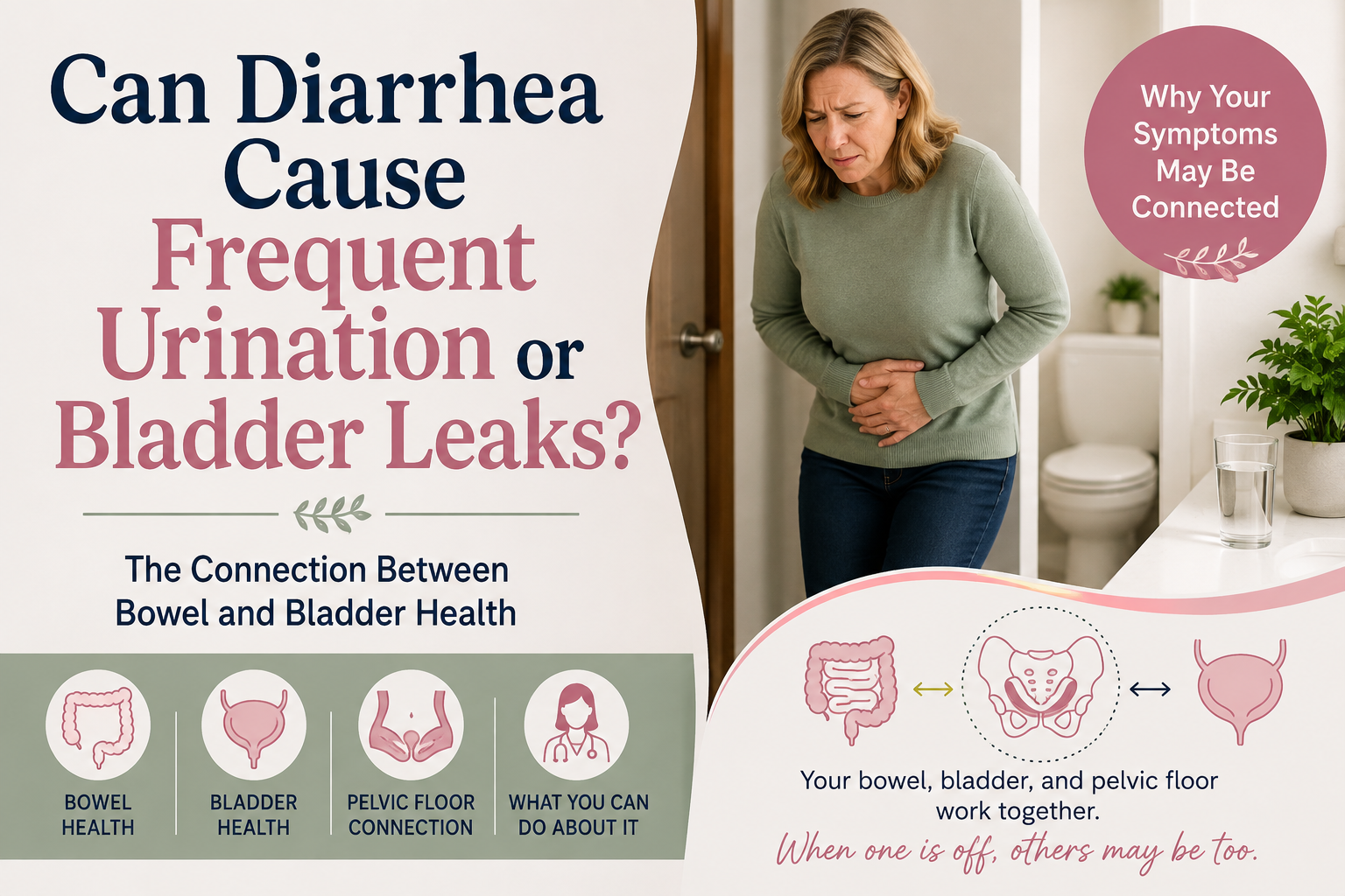 Woman experiencing stomach discomfort, illustrating the connection between diarrhea, frequent urination, and bladder health.