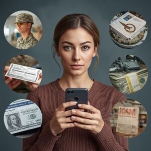 a woman with different scam stories around her,