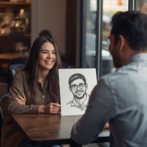 woman holding up a soulmate sketch