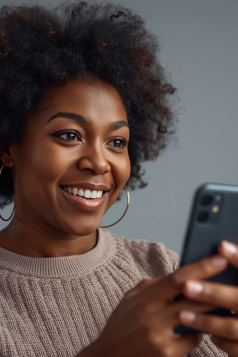 a black woman looking on her phone with anticipation,
