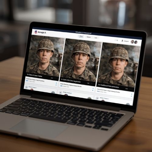 Military Romance Scams: How to Spot a Fake Soldier Online 5 a laptop with the same image duplicated three times,
