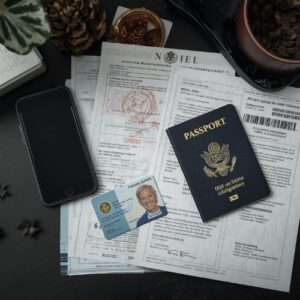 Fake identity documents, passport and travel papers used as proof in an online romance scam