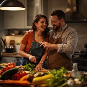 image of a happy couple cooking something in the kitchen,