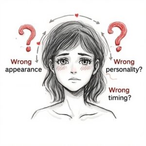 sketch of a woman with three questions