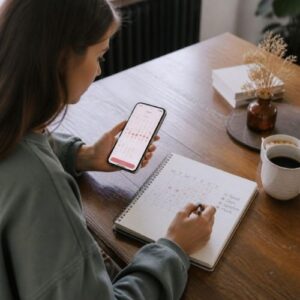 a woman comparing her notes with the app,