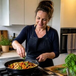 a woman cooking healthy and colorful food,