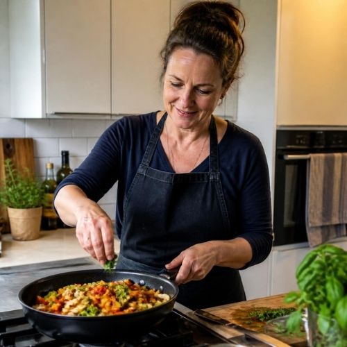 a woman cooking healthy and colorful food,