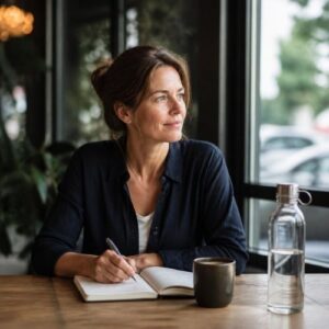 middle-aged woman sitting in a café and writing notes,