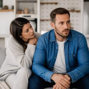 a woman who leans on a man who is not interested in her,