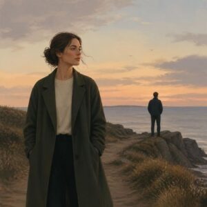 a woman in the front walking away from a man,