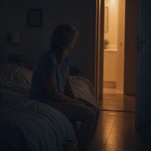 woman sitting on her bed and looking into her bathroom,